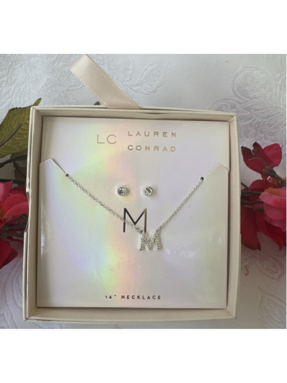 LC Lauren Conrad Initial M Silvertone Necklace Stud Earring Set Gift Box 16"